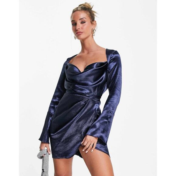 ASOS DESIGN Cowl Neck Mini Dress With Drape Skirt Blue Satin Size 14. NEW - Picture 1 of 15